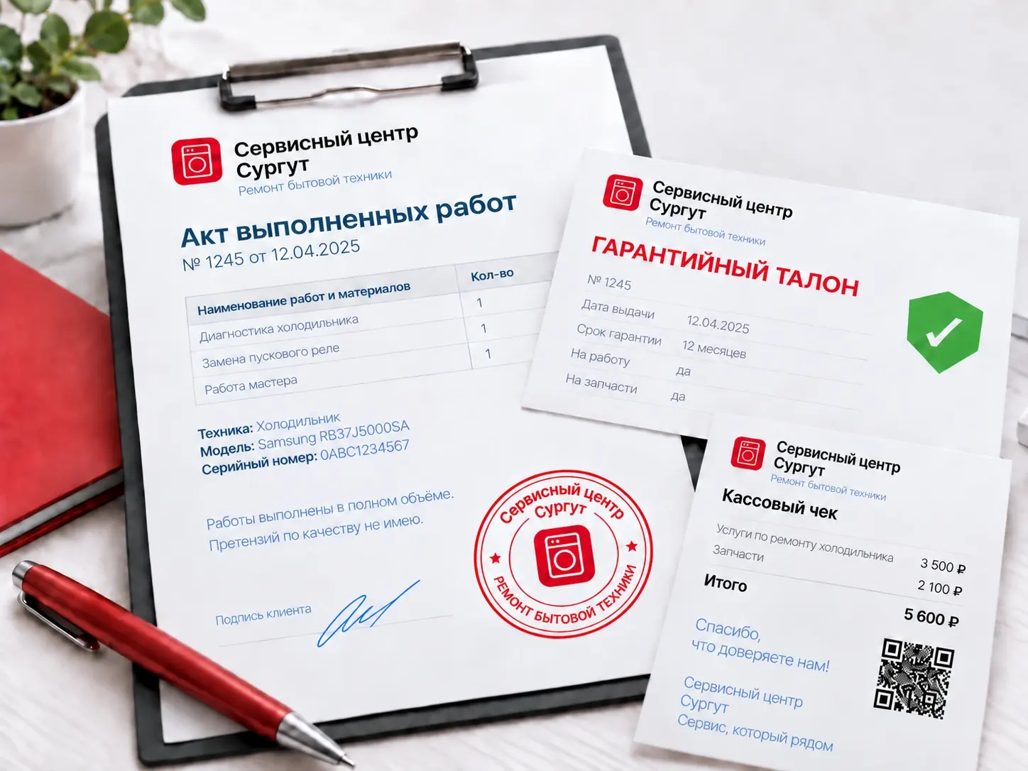 Отчетные документы на фирменном бланке с печатью: акт выполненных работ и гарантийный талон