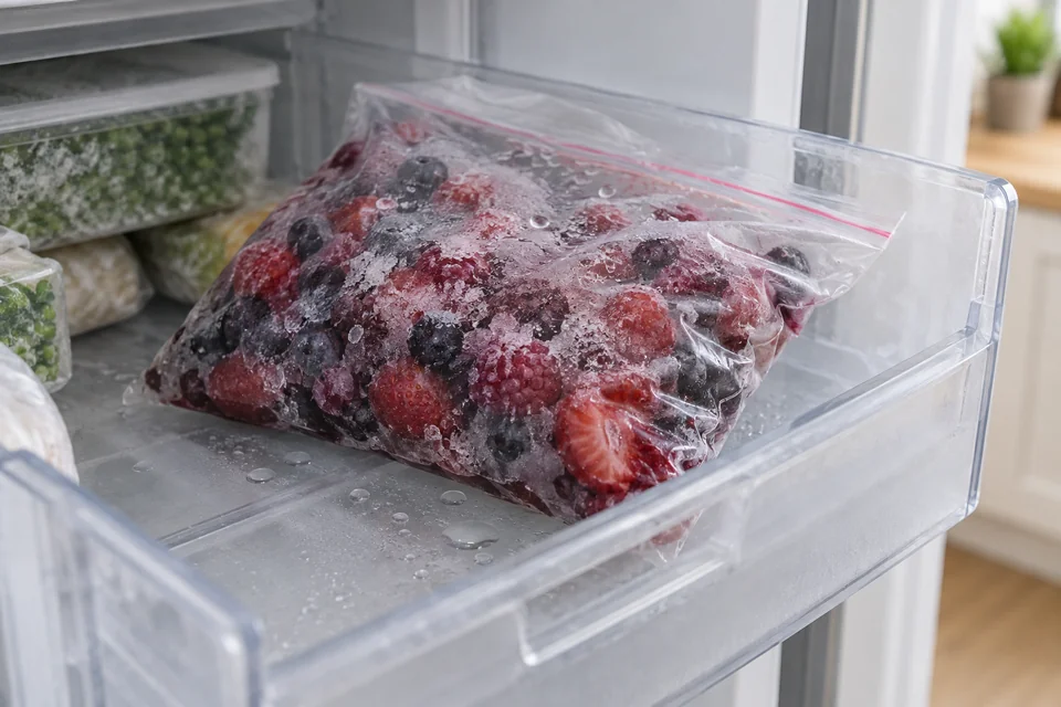 Продукты в прозрачном ящике морозильной камеры
